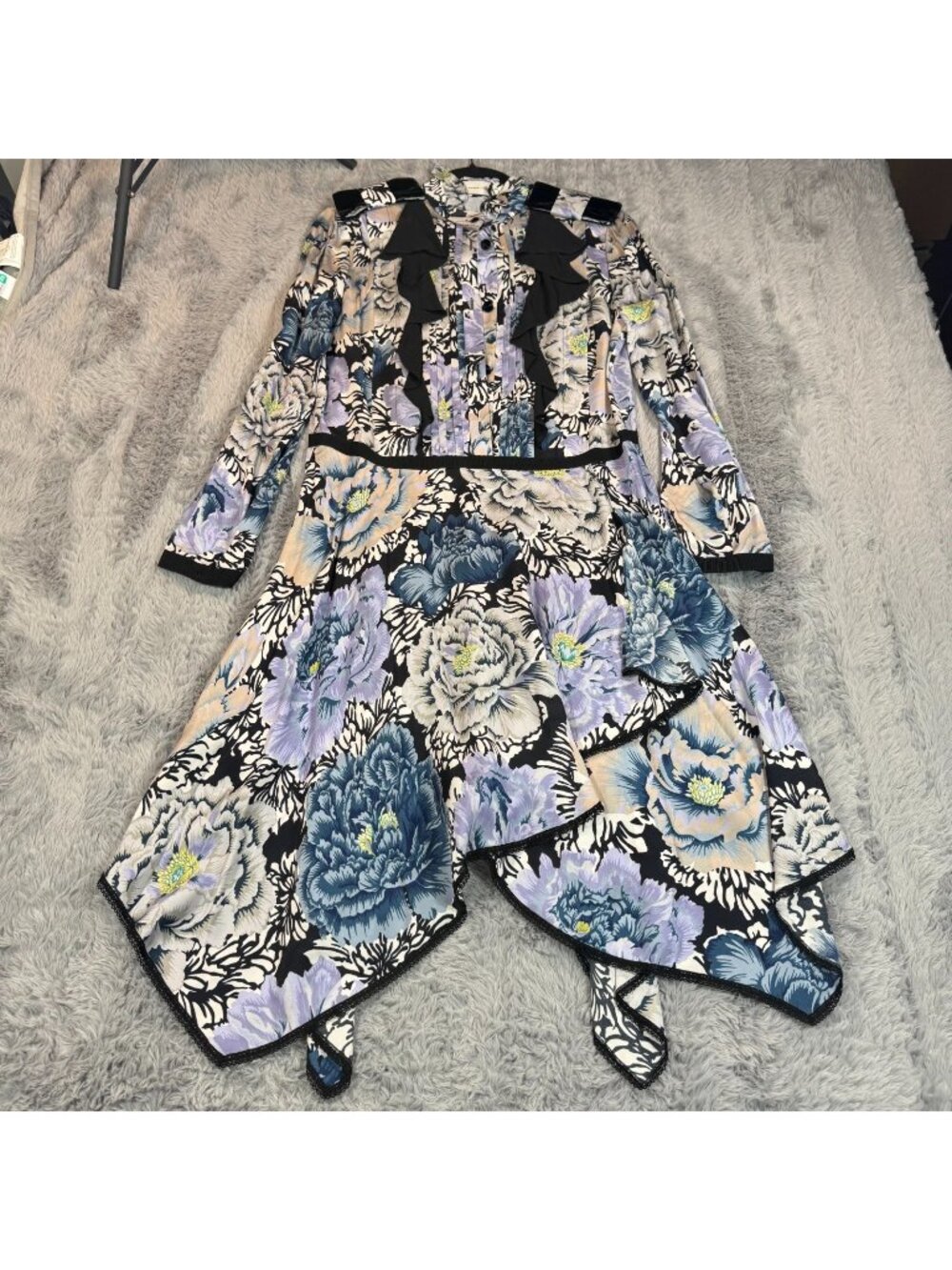 Coach x Kaffe Midi Dress Women's 4 Purple Viscose Sheath Floral Handkerchief Hem